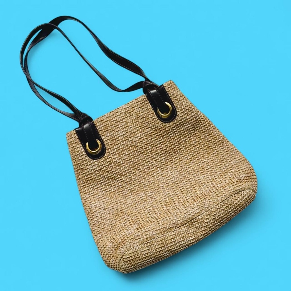 90s Amanda Smith raffia bag w/ brown leather straps